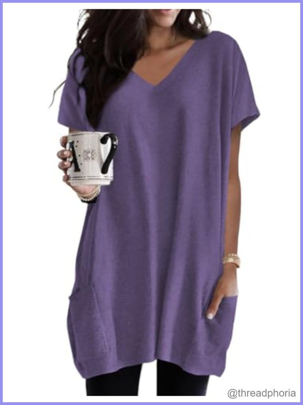 Womens Tunic Top with Pockets Vneck Short Sleeve Casual Long T Shirt